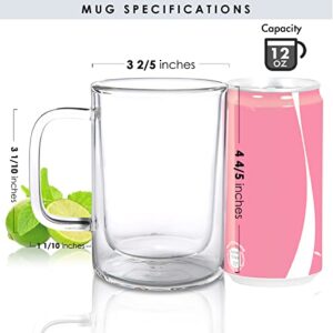 Aquach Double Wall Glass Coffee Mug 12 oz, Large Clear Glass Cup with Handle Set of 2, Insulated Tea Mugs, Water Cups, Juice Cups, Milk Cups