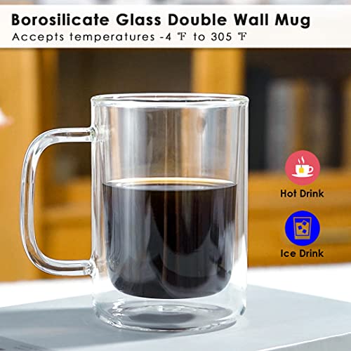 Aquach Double Wall Glass Coffee Mug 12 oz, Large Clear Glass Cup with Handle Set of 2, Insulated Tea Mugs, Water Cups, Juice Cups, Milk Cups