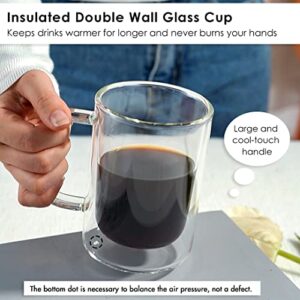 Aquach Double Wall Glass Coffee Mug 12 oz, Large Clear Glass Cup with Handle Set of 2, Insulated Tea Mugs, Water Cups, Juice Cups, Milk Cups