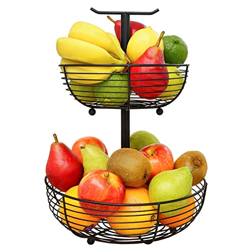 CAXXA 2 Tier Fruit Basket Bowl Kitchen Heavy Duty Wire Organizer, Black