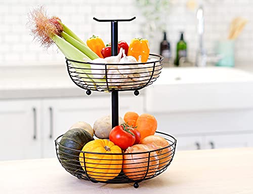 CAXXA 2 Tier Fruit Basket Bowl Kitchen Heavy Duty Wire Organizer, Black