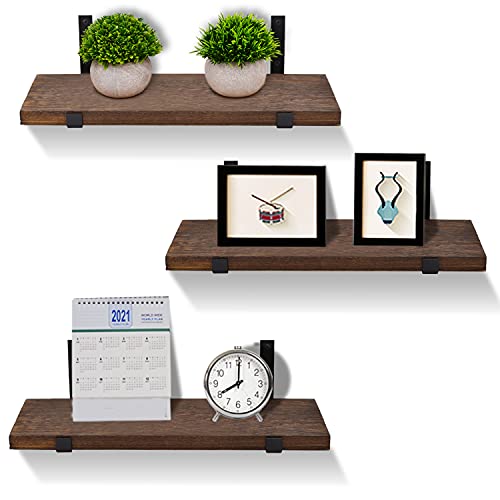 ROBOPOWER Wooden Floating Shelves Wall Mounted 3 Packs Wood Shelves with L Iron Brackets Shelves for Home Decor Bedroom, Living Room, Bathroom, Kitchen, Office (Hook-Up, Dark Brown)