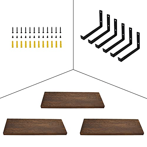 ROBOPOWER Wooden Floating Shelves Wall Mounted 3 Packs Wood Shelves with L Iron Brackets Shelves for Home Decor Bedroom, Living Room, Bathroom, Kitchen, Office (Hook-Up, Dark Brown)