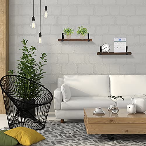 ROBOPOWER Wooden Floating Shelves Wall Mounted 3 Packs Wood Shelves with L Iron Brackets Shelves for Home Decor Bedroom, Living Room, Bathroom, Kitchen, Office (Hook-Up, Dark Brown)