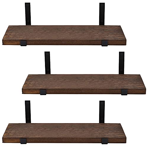 ROBOPOWER Wooden Floating Shelves Wall Mounted 3 Packs Wood Shelves with L Iron Brackets Shelves for Home Decor Bedroom, Living Room, Bathroom, Kitchen, Office (Hook-Up, Dark Brown)