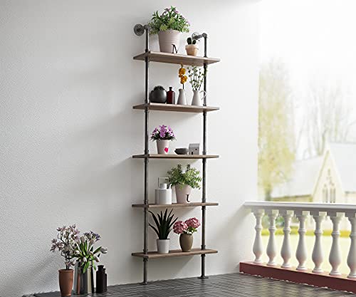 MCleanPin Industrial Shelves Ladder Bookshelves 73in Height 5 Tier Wall Mounted Bookcase, Display Storage Rack Plant Flower Stand Rustic Wood Shelves for Home Office, Bedroom, Kitchen,Living Room