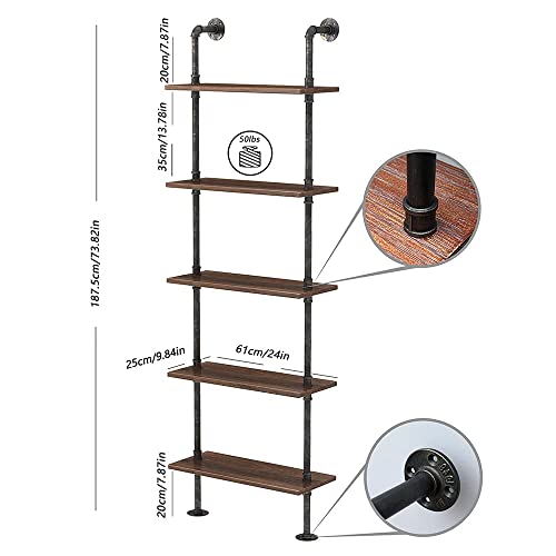 MCleanPin Industrial Shelves Ladder Bookshelves 73in Height 5 Tier Wall Mounted Bookcase, Display Storage Rack Plant Flower Stand Rustic Wood Shelves for Home Office, Bedroom, Kitchen,Living Room