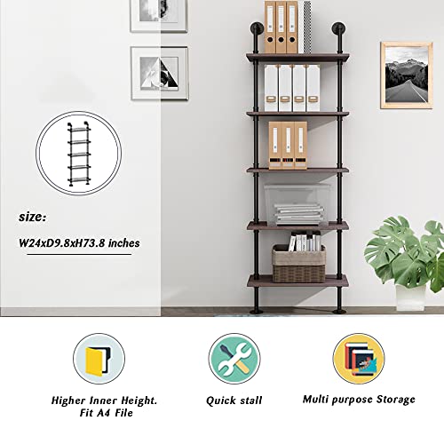 MCleanPin Industrial Shelves Ladder Bookshelves 73in Height 5 Tier Wall Mounted Bookcase, Display Storage Rack Plant Flower Stand Rustic Wood Shelves for Home Office, Bedroom, Kitchen,Living Room