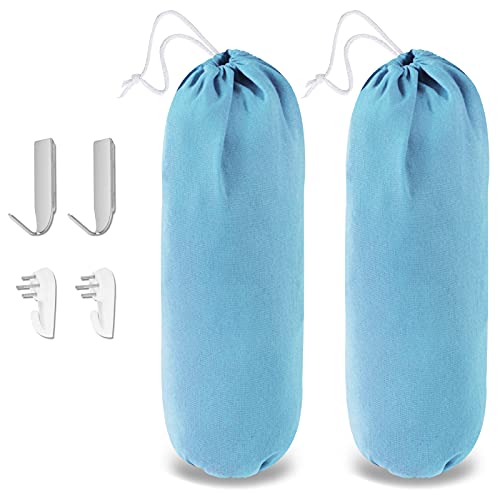 2 Pack Plastic Bag Holder Dispenser, Large Grocery Bags Storage with Hooks, Wall Mount Shopping Bags Carrier, 23X9 inch Garbage Bag Organizer for Kitchen, Home by SANFERGE,Blue