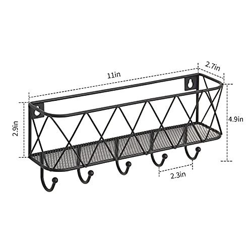 Snughome Entryway Mail Holder with Key Hooks for Wall, 11’’L Wall Mounted Matte Black Metal Wire Mesh Storage Basket with Holders for Organize Letters, Magazines, Keys, Leashes(Matte Black)