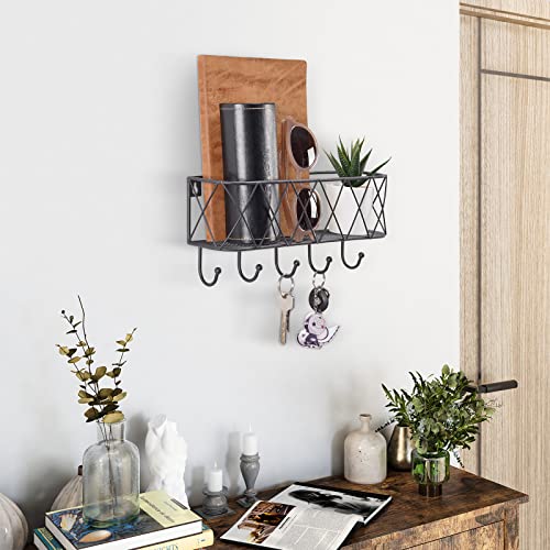 Snughome Entryway Mail Holder with Key Hooks for Wall, 11’’L Wall Mounted Matte Black Metal Wire Mesh Storage Basket with Holders for Organize Letters, Magazines, Keys, Leashes(Matte Black)