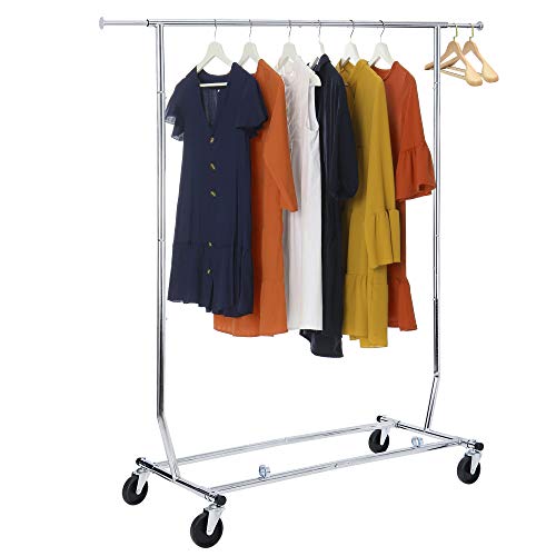 Nouva Rolling Garment Rack Clothing Rack with Wheels, Single-Rod Portable Heavy Duty Clothes Rack for Hanging Clothes Height Adjustable, Extendable, Chrome Sliver