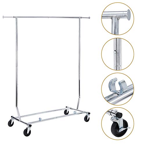 Nouva Rolling Garment Rack Clothing Rack with Wheels, Single-Rod Portable Heavy Duty Clothes Rack for Hanging Clothes Height Adjustable, Extendable, Chrome Sliver