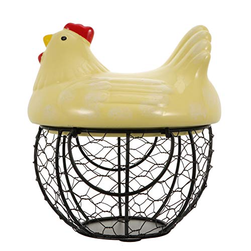 YARDWE Iron Egg Storage Basket Ceramic Chicken Shaped Mesh Wire Egg Holder Decorative Display Organizer Container for Vegetable Fruits Snacks Farmhouse Decor Yellow