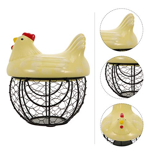 YARDWE Iron Egg Storage Basket Ceramic Chicken Shaped Mesh Wire Egg Holder Decorative Display Organizer Container for Vegetable Fruits Snacks Farmhouse Decor Yellow