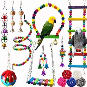 Hamiledyi Bird Parrot Swing Chewing Toy Set 15PCS Wooden Hanging Bell with Hammock Climbing Ladders Colorful Pet Birds Cage Toys for Small Parakeet Cockatiel Conures Finches Budgie Macaws Love Birds