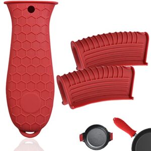hzmm 3 pack silicone hot handle holder, assist pan handle sleeve pot holders cast iron skillets handles grip covers nonslip heat resistant for pots enameled casserole metal frying pans cookware, red
