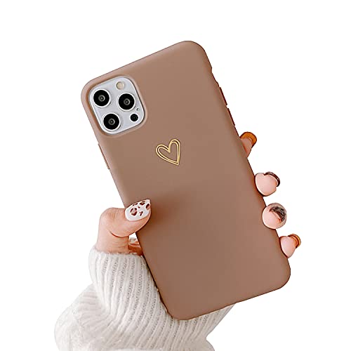 Ownest Compatible with iPhone 12 Pro Max Case for Soft Liquid Silicone Gold Heart Pattern Slim Protective Shockproof Case for Women Girls for iPhone 12 Pro Max-Brown