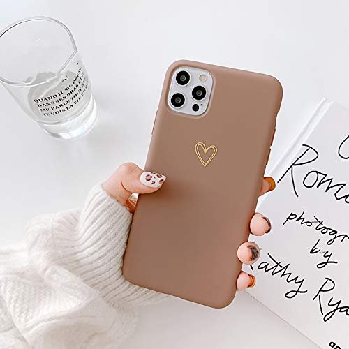 Ownest Compatible with iPhone 12 Pro Max Case for Soft Liquid Silicone Gold Heart Pattern Slim Protective Shockproof Case for Women Girls for iPhone 12 Pro Max-Brown