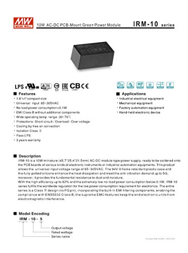 Mean Well Original IRM-10-12 MW 10W 12V AC to DC PCB Mount Green Module-Type Power Supply