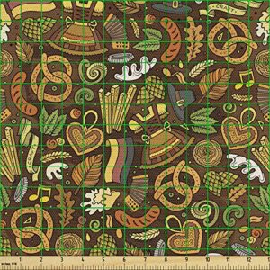 Ambesonne German Fabric by The Yard, Cartoon Style Deutschland Pattern with Flag Hops and Pretzels Hand Drawn Doodle, Decorative Fabric for Upholstery and Home Accents, 1 Yard, Multicolor