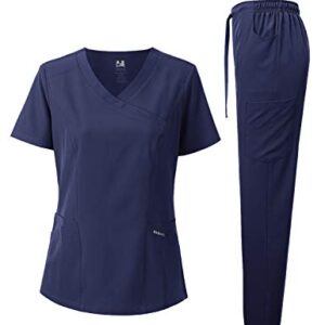 Dagacci Medical Uniform Women's Scrub Set 4-Way Stretch Y-Neck Stitch Tape Top and Pants (Navy Blue, Large)