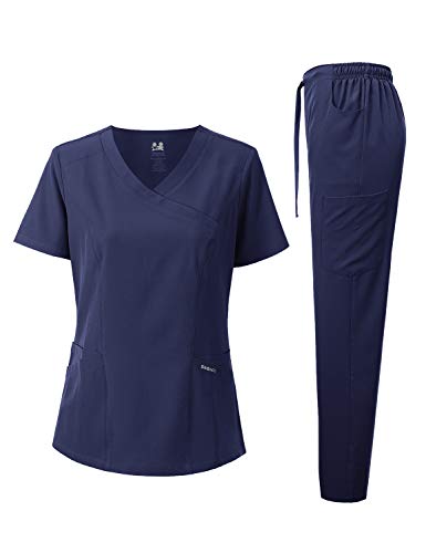 Dagacci Medical Uniform Women's Scrub Set 4-Way Stretch Y-Neck Stitch Tape Top and Pants (Navy Blue, Large)