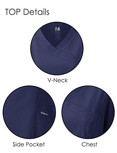 Dagacci Medical Uniform Women's Scrub Set 4-Way Stretch Y-Neck Stitch Tape Top and Pants (Navy Blue, Large)