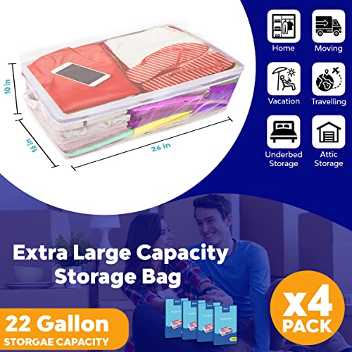 Jumbo Size Clear Flexible Zipper Storage Bags Organizer, for Clothes, Bedding, Quilts, Blankets, Flexible Thick Plastic Totes for Easy and Convenient Storage, Travel, Underbed, Closet Organization, X-Large Huge 22 Gallon (Pack of 4) (22 Gallon)