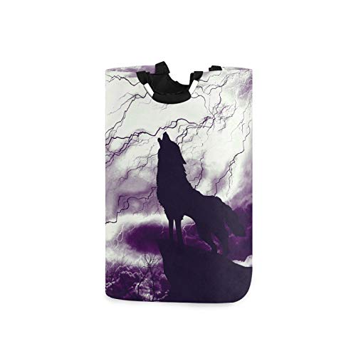 Oyihfvs Wolf Howling in Thunderstorm Laundry Hamper Basket Bucket, Foldable Dirty Clothes Bag, Waterproof Fabric Washing Bin, Toy Storage with Handles for Bathroom Bedroom Dorms