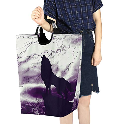 Oyihfvs Wolf Howling in Thunderstorm Laundry Hamper Basket Bucket, Foldable Dirty Clothes Bag, Waterproof Fabric Washing Bin, Toy Storage with Handles for Bathroom Bedroom Dorms