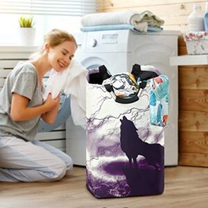 Oyihfvs Wolf Howling in Thunderstorm Laundry Hamper Basket Bucket, Foldable Dirty Clothes Bag, Waterproof Fabric Washing Bin, Toy Storage with Handles for Bathroom Bedroom Dorms