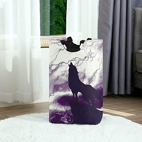 Oyihfvs Wolf Howling in Thunderstorm Laundry Hamper Basket Bucket, Foldable Dirty Clothes Bag, Waterproof Fabric Washing Bin, Toy Storage with Handles for Bathroom Bedroom Dorms