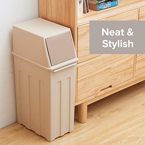 Large Capacity (30L) Trash Can - 8 Gallon Trash Can w/ Hinged Flap Cover - 11.8" x 7.5" x 24.6" Slim Trash Can with Lid - Indoor/Outdoor Swing Door Waste Basket - Tall Trash Bin in Light Coffee