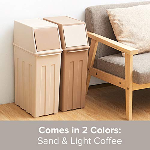 Large Capacity (30L) Trash Can - 8 Gallon Trash Can w/ Hinged Flap Cover - 11.8" x 7.5" x 24.6" Slim Trash Can with Lid - Indoor/Outdoor Swing Door Waste Basket - Tall Trash Bin in Light Coffee