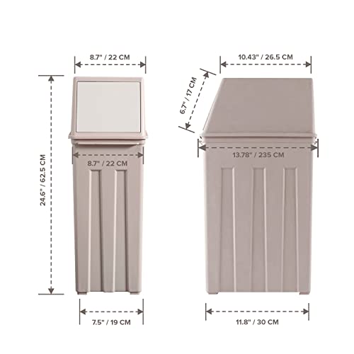 Large Capacity (30L) Trash Can - 8 Gallon Trash Can w/ Hinged Flap Cover - 11.8" x 7.5" x 24.6" Slim Trash Can with Lid - Indoor/Outdoor Swing Door Waste Basket - Tall Trash Bin in Light Coffee