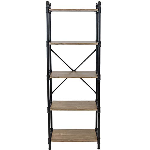 Sunnydaze 5-Tier Freestanding Industrial Bookshelf for Living Room - Black Pipe Style Frame with Wood Veneer Shelves - Brown