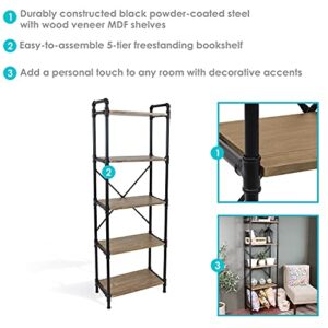 Sunnydaze 5-Tier Freestanding Industrial Bookshelf for Living Room - Black Pipe Style Frame with Wood Veneer Shelves - Brown