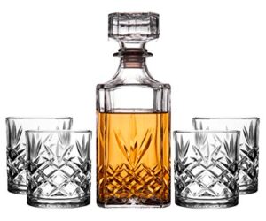 royalty art kinsley whiskey glasses set with decanter for scotch, bourbon, cognac, and liquor, classic 5-pc. glass bundle for serving alcohol, pull top drink stopper