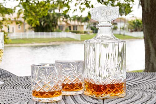 Royalty Art Kinsley Whiskey Glasses Set with Decanter for Scotch, Bourbon, Cognac, and Liquor, Classic 5-Pc. Glass Bundle for Serving Alcohol, Pull Top Drink Stopper