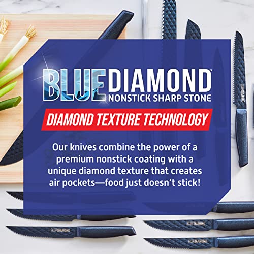 Blue Diamond Sharp Stone Nonstick Stainless Steel Cutlery, 3 Piece Set including Chef Serrated and Pairing Knives with Covers, Diamond Texture Blade, Dishwasher Safe, Blue