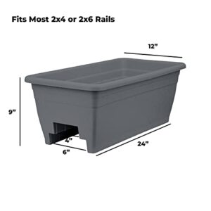 The HC Companies 24 Inch Deck Railing Planter Box - Decorative Lightweight Weatherproof Plastic Plant Pot for Outdoor Balcony, Porch, Garden, Fence, Warm Gray