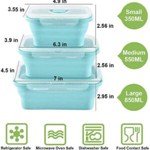 BPA Free Silicone Food Storage Containers with Airtight Plastic Lids Set Of 3 Space Saving Microwaveable Freezer Dishwasher Safe Collapsible Leftover or Meal Prep Lunch Box