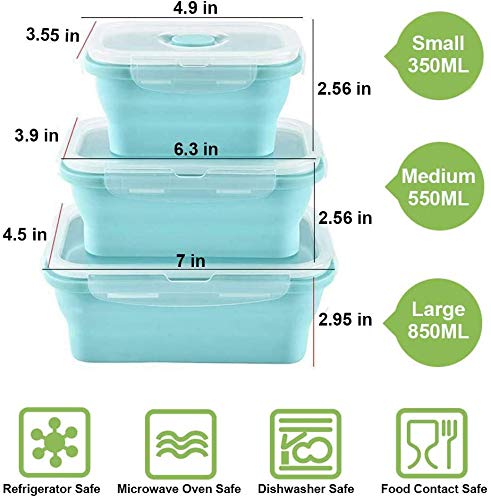 BPA Free Silicone Food Storage Containers with Airtight Plastic Lids Set Of 3 Space Saving Microwaveable Freezer Dishwasher Safe Collapsible Leftover or Meal Prep Lunch Box