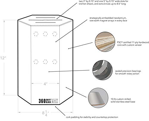 360KB MAX ™ - magnetic rotating knife block - w/top slots, capaciy for 20+ knives - largest in the 360 Knife Block ® family. (Honey Bamboo)