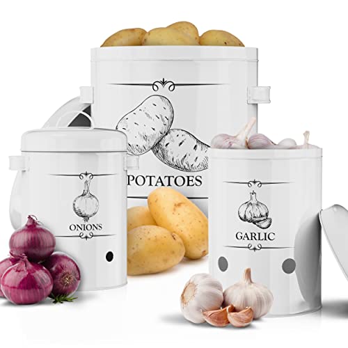 Houseables Potato Storage, Onion Bin, Garlic Container, 6"x4", 10"x9", 9"x6", Set of 3, Metal, White, Vegetable Keeper, Potatoes Basket, Kitchen Pantry Canister, Countertop Veggie Holder, Rustic