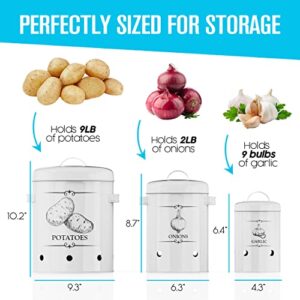 Houseables Potato Storage, Onion Bin, Garlic Container, 6"x4", 10"x9", 9"x6", Set of 3, Metal, White, Vegetable Keeper, Potatoes Basket, Kitchen Pantry Canister, Countertop Veggie Holder, Rustic