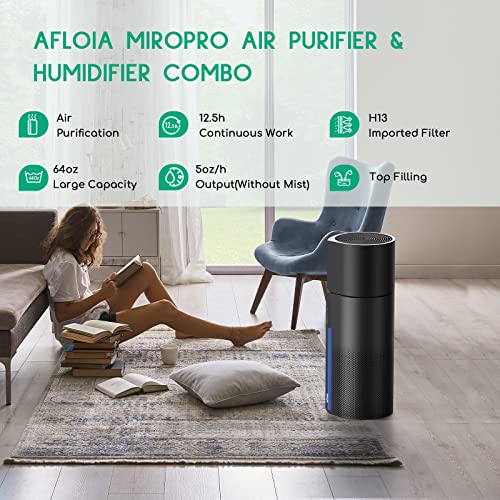 Air Purifier with Humidifier Combo, 2 in 1 Afloia HEPA H13 3-Stage Filters for Bedroom Pets Hair Smoker Odors, Evaporative Humidifier, Auto Shut Off, Quiet Air Cleaner with Seven Color Light, Black
