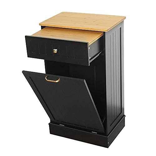 New Kitchen Trash Cabinet,Tilt Out Trash Cabinet with Solid Hideaway Drawer,Free Standing Wooden Kitchen Trash Can Recycling Cabinet Trash Can Holder,Removable Cutting Board (Black)