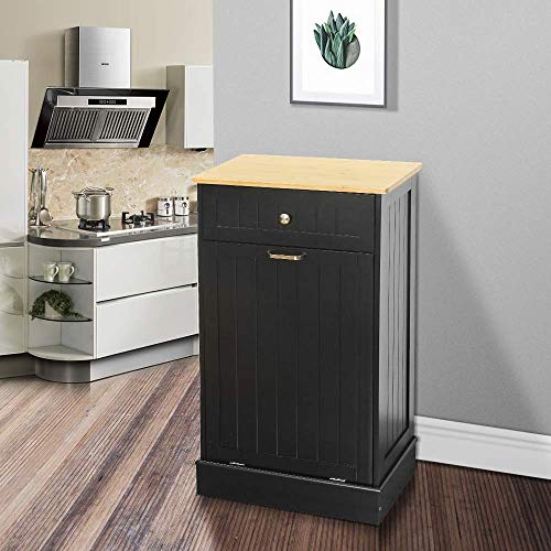 New Kitchen Trash Cabinet,Tilt Out Trash Cabinet with Solid Hideaway Drawer,Free Standing Wooden Kitchen Trash Can Recycling Cabinet Trash Can Holder,Removable Cutting Board (Black)